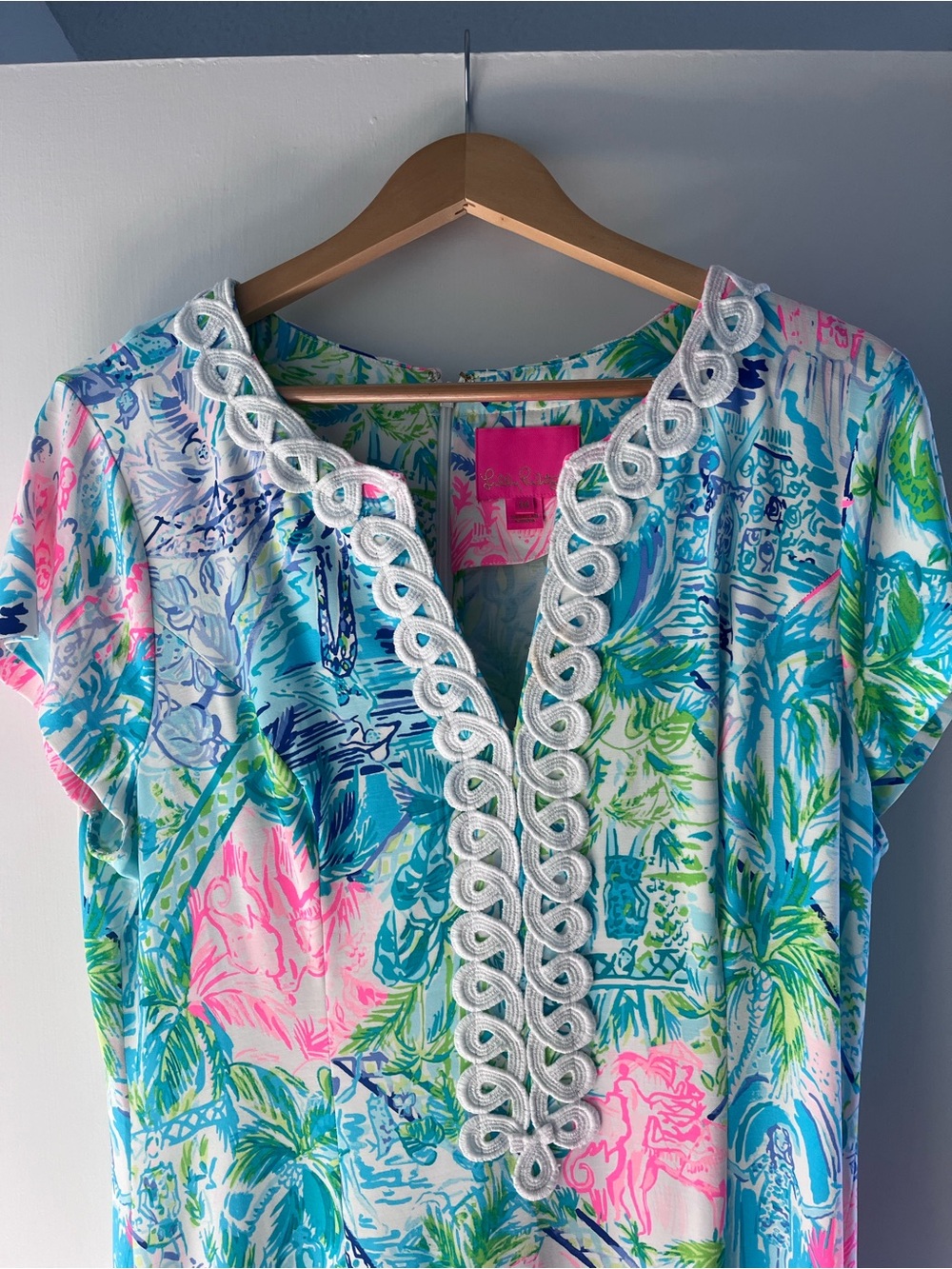 Lilly Pulitzer Aqua, Pink & Green Printed Mini Dress with Lace Trim